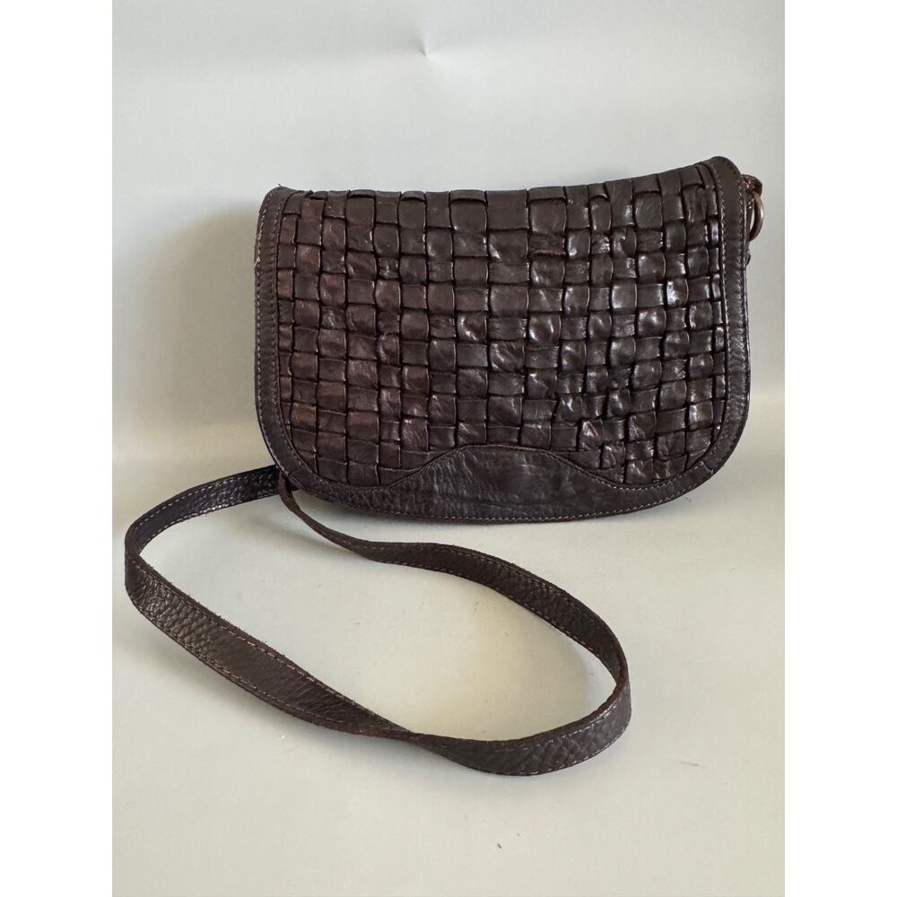 Bayside Fashion Nation Woven Leather Crossbody Shoulder Bag Italy Dark Brown